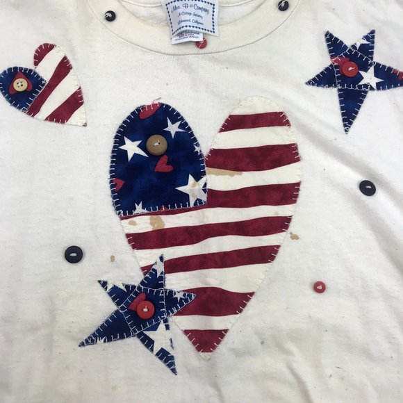 Vintage Jerzees Womens Ivory Short Sleeve Patriotic American Flag Primitive Hear - Picture 3 of 7